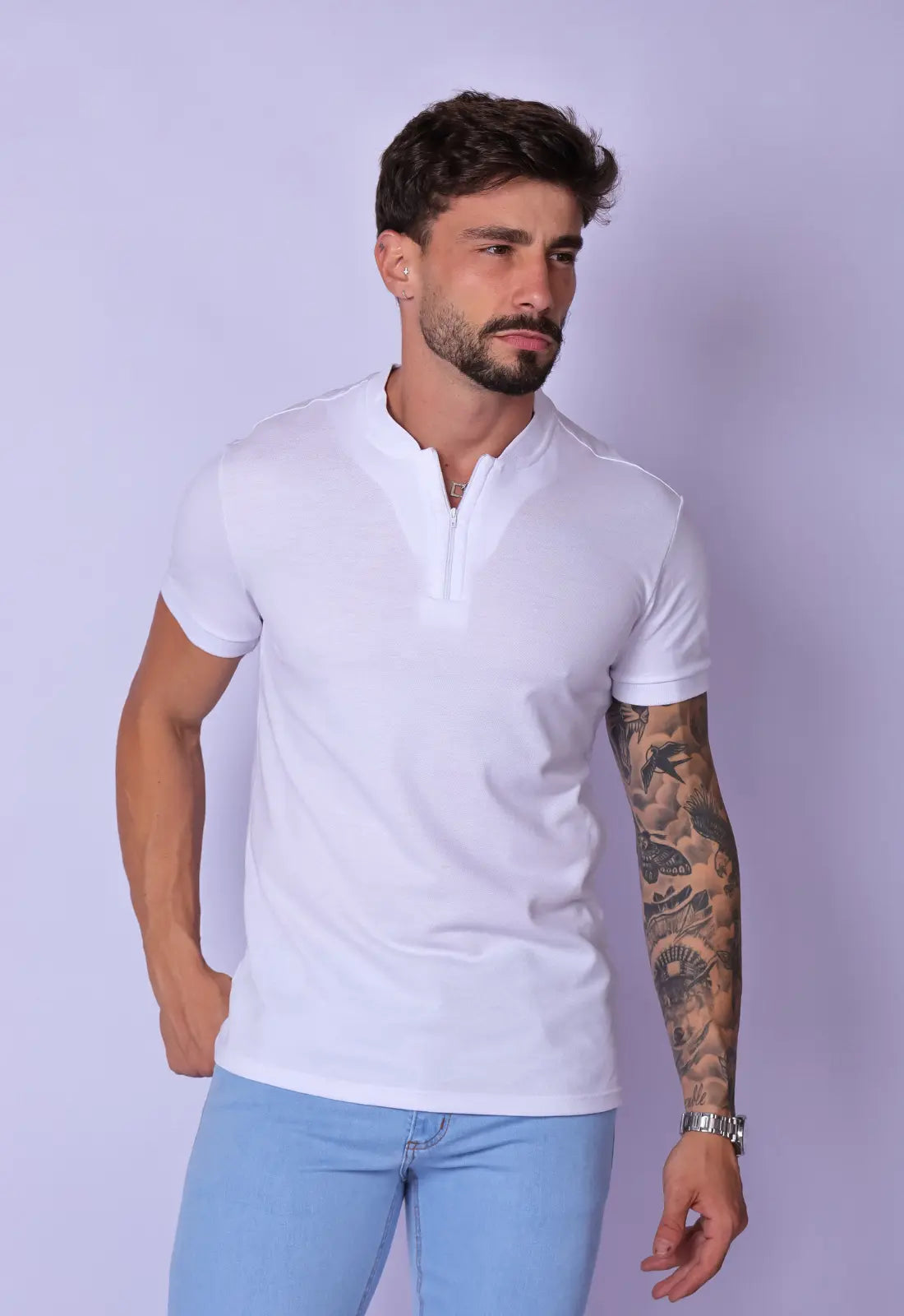 Camiseta Gola Padre Zíper Branca
