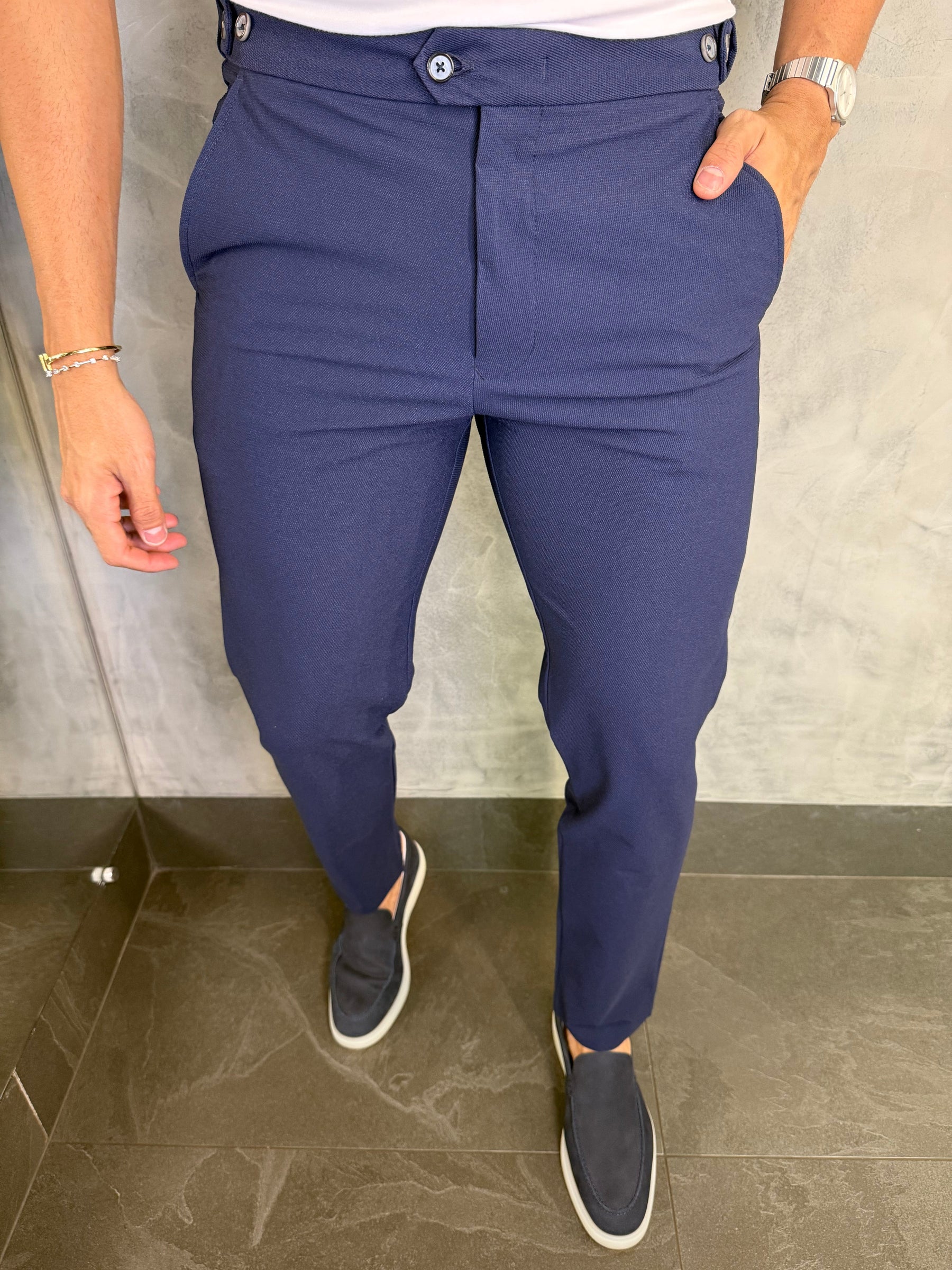 Calça Alfaiataria Skinny Com Ajuste Botão Elástico Ponto H Marinho