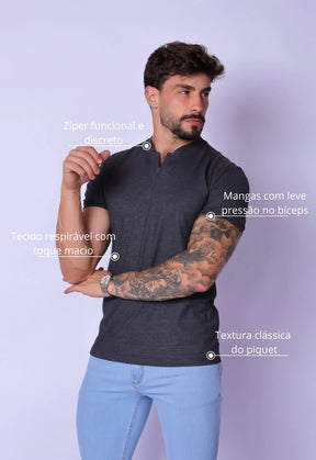 Camiseta Gola Padre Zíper Chumbo