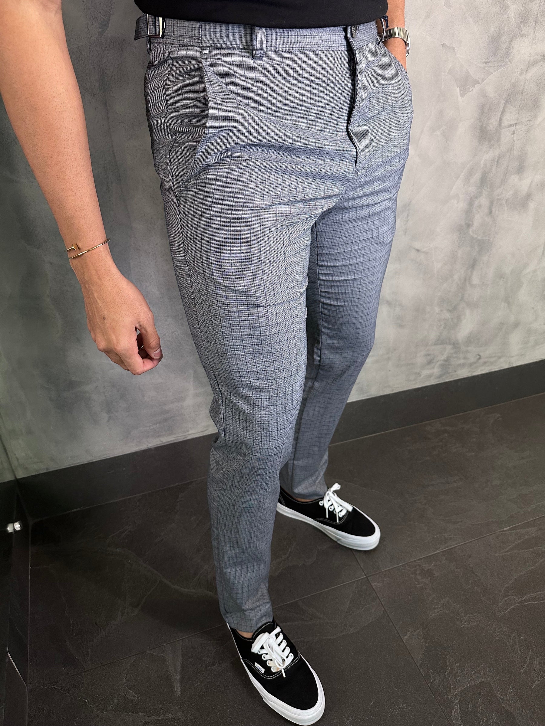 Calça Alfaiataria Slim Fivela Para Ajuste Mini Xadrez Barezy