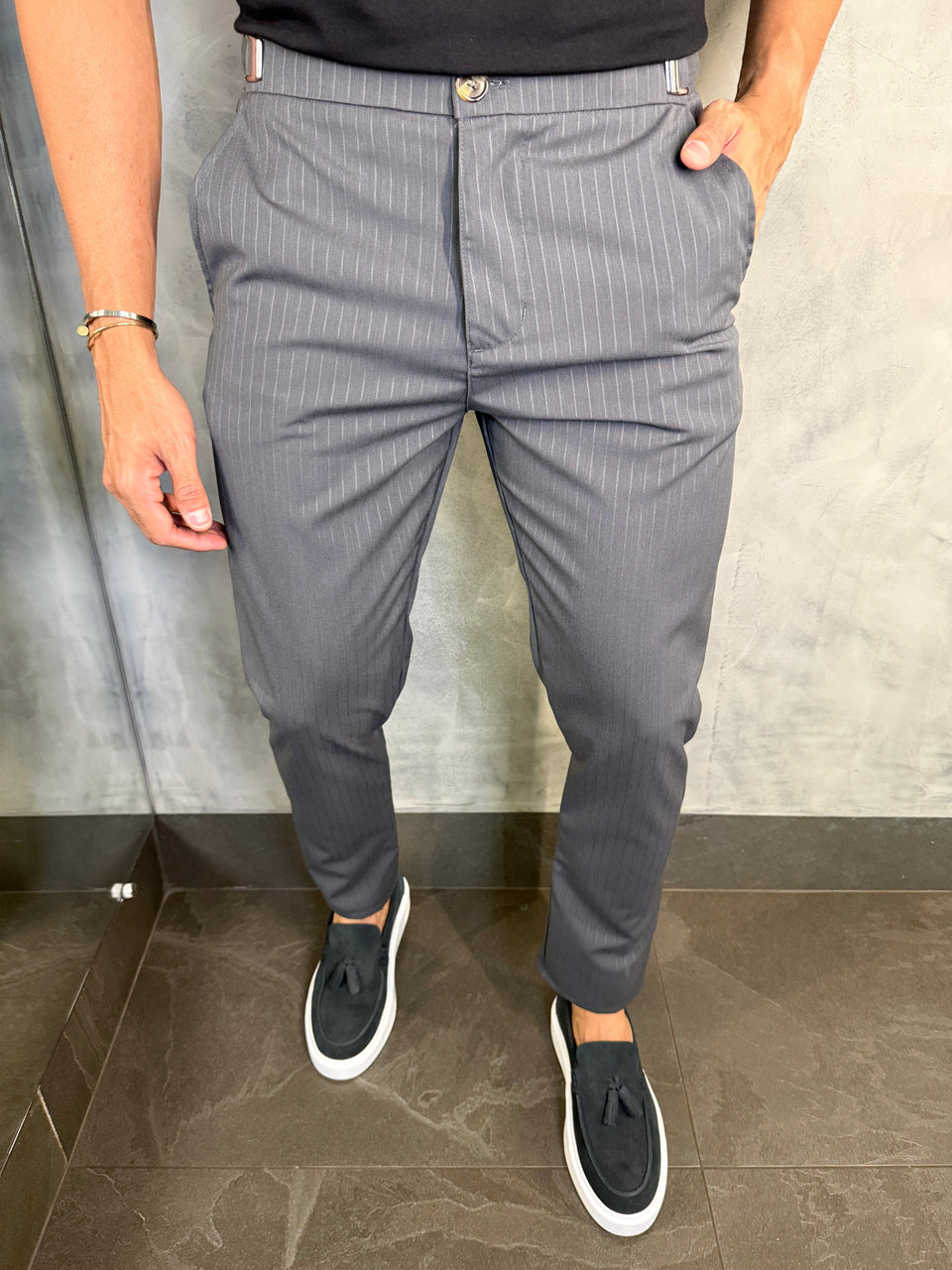 CALÇA ALF. RISCA DE GIZ ÉVORA PONTO H CHUMBO